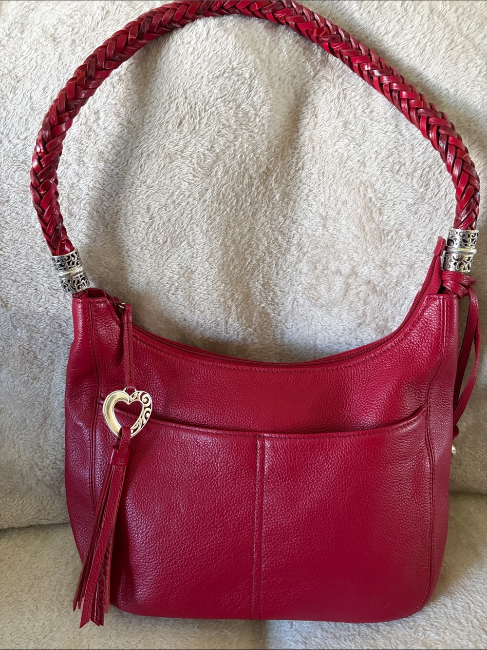 Brighton vintage Red Leather Hobo Shoulder Bag with Braided Strap